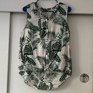 Sleeveless 100% linen White & Green Tropical Button-Front Women's Top